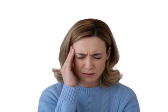 Woman experiencing a headache holding her temple isolated on transparent background