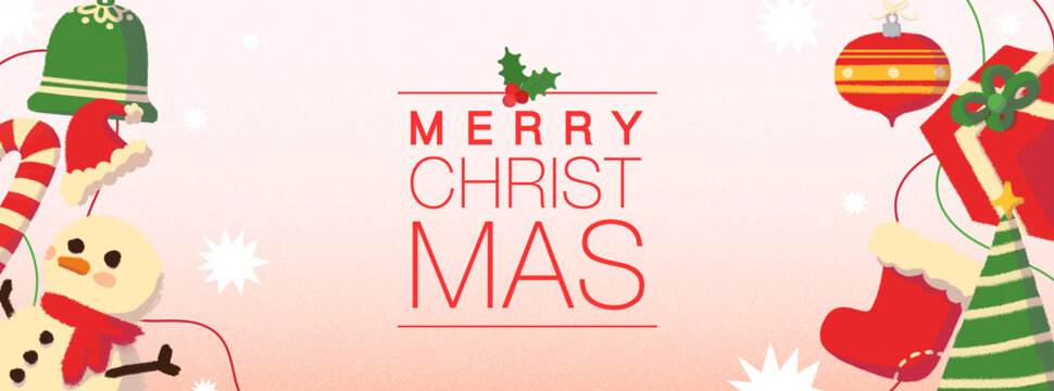 banner de feliz navidad con ilustraciones dibujadas a mano de elementos navide&ntilde;os con fondo degradado. Dise&ntilde;o ideal para redes sociales, anuncio, poster y mas.