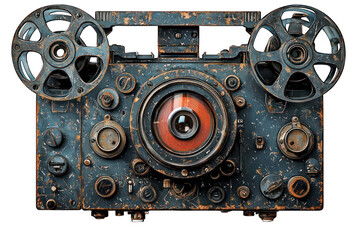 Fototapeta premium Antique, rusted audio/video recording device. Front view of a heavily worn, aged machine. Large lens at the center, surrounded by numerous controls and mechanisms. Rotating reels on either side
