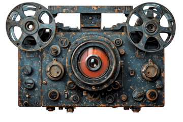 Antique, rusted audio/video recording device.  Front view of a heavily worn, aged machine.  Large lens at the center, surrounded by numerous controls and mechanisms.  Rotating reels on either side