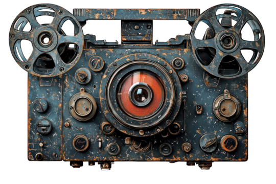 Antique, rusted audio/video recording device.  Front view of a heavily worn, aged machine.  Large lens at the center, surrounded by numerous controls and mechanisms.  Rotating reels on either side