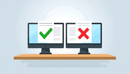 Computer monitors showing documents with check and cross marks