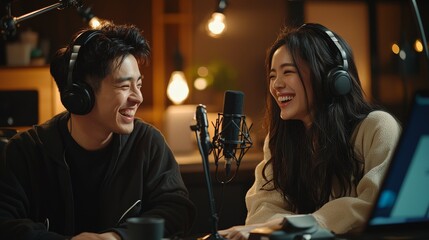 Smiling Asian couple in headphones recording a podcast in a stylish studio, laughing while producing audio content