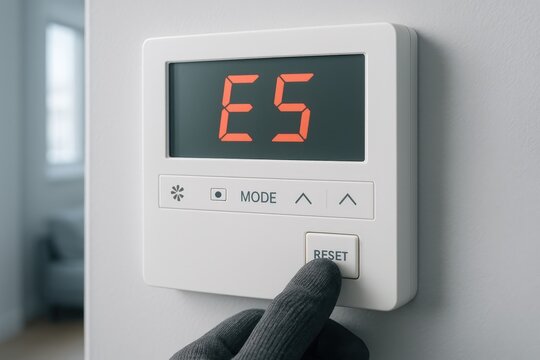 Digital thermostat displaying error code while being reset in a modern home setting