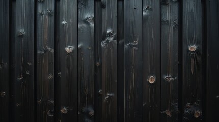 Obraz premium Vertical black wooden planks background with visible wood grain and knots texture pattern