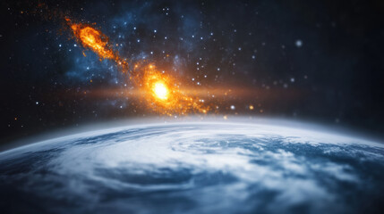 Naklejka premium Breathtaking view of Earth from space with vibrant cosmic scene featuring glowing orange nebulae and countless stars in background, evoking wonder and awe