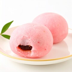 Super Cute Pink Color Japanese Traditional Sakura Mochi with Isolated White Background