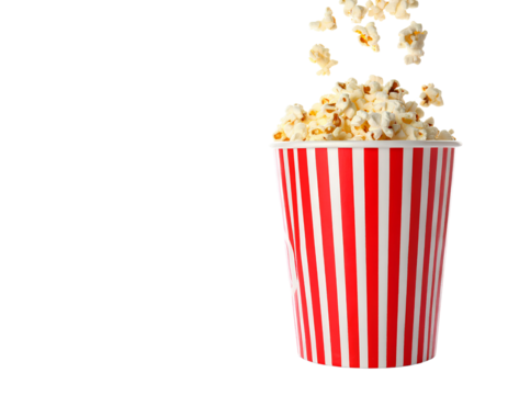 Popcorn flying out of red white striped paper box isolated on a transparent background. - Powered by Adobe