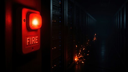 Bright fire alarm in a dark data center with sparks indicating potential danger