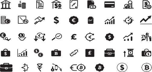 Fototapeta premium Business analytics and finance glyph icon set featuring growth charts, currency symbols, data analysis, investment, coding, and strategy concepts in black silhouette design for digital projects.