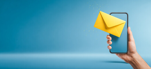 Hand holding smartphone with email notification on blue background for communication and business