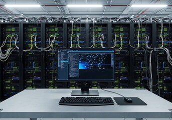 A modern data center with rows of server racks and a computer displaying complex data analysis software
