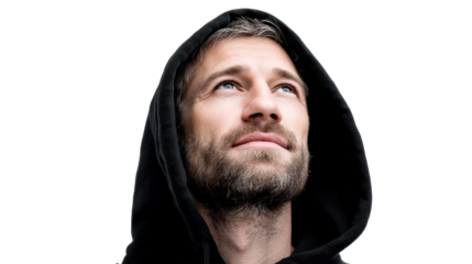 Man with beard wearing hoodie looking upwards