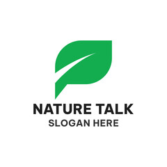 Nature talk logo concept in simple flat style. Leaf and chat bubble vector illustration.