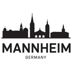 Fototapeta premium Poziomy baner z panoramą Mannheim. Mannheim, Niemcy. Szablon wektorowy do Twojego projektu. Czarna sylwetka wektorowa. Na białym tle.