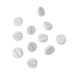 Scattered white round tablets isolated on transparent background