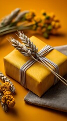 Elegant Yellow & White Gift Box with Wheat Ears on Orange Pastel Background &ndash; Minimalist High-Quality Product Photo