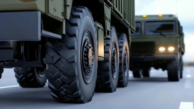 Military truck driving on road with another vehicle in background