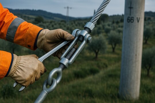 Engineer adjusting guy wire in countryside during daylight hours for optimal safety