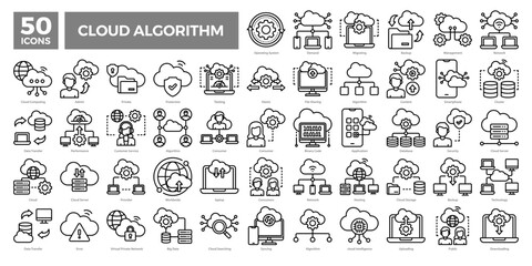 Cloud algorithm icons collection set covering computing, networking, data transfer, storage, and security. Ideal for tech presentations, cloud services, and IT infrastructure visuals.
