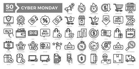 Cyber Monday icons collection set featuring online shopping, deals, payments, delivery, and tech. Perfect for e-commerce promotions, banners, and seasonal campaign visuals.