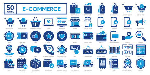 eCommerce icons collection set covering shopping, delivery, payment, discounts, and customer support. Perfect for online stores, apps, websites, and promotional materials.