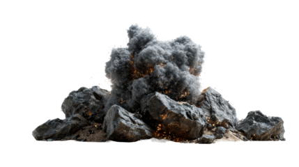 Volcanic rock formation with fiery embers and dense smoke plume
