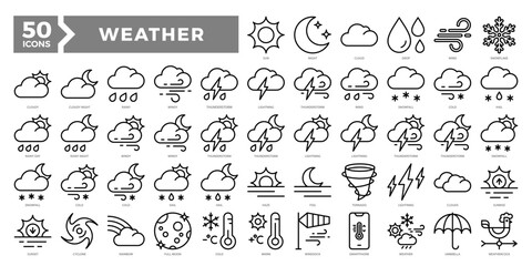 Weather icons collection set including sun, storm, snow, wind, and natural elements. Ideal for weather apps, forecasts, climate infographics, and seasonal illustrations.