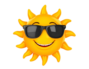 Smiling cartoon sun with sunglasses, glossy 3D style, golden glow, perfect for summer isolated on a transparent background.