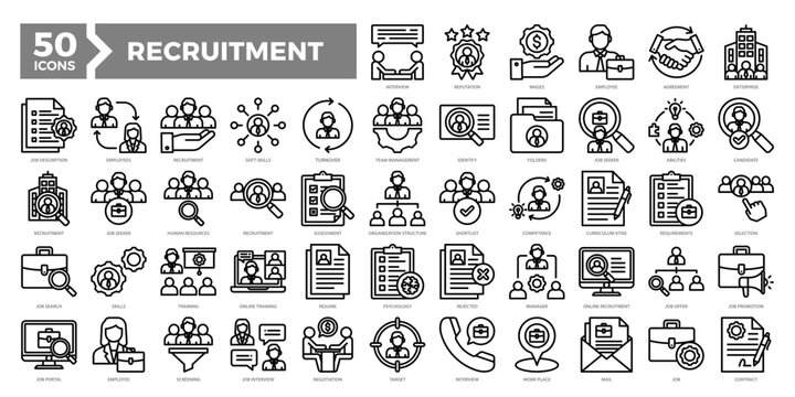Recruitment icons collection set featuring hiring, interviews, resumes, HR tools, and candidate evaluation. Perfect for HR platforms, job boards, and employment-related visuals.