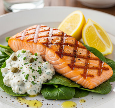 Delicious Grilled Salmon Fillet with Fresh Spinach Lemon and Tartar Sauce