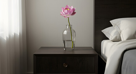 Minimalist Bedroom with Lotus Flower on Wooden Nightstand