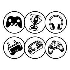 Collection of video game and esports icons isolated on white background in a round frame