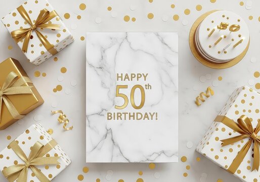 White Marble "Happy 50th Birthday" Card with Gold Gifts, Cake, and Confetti on Elegant Display