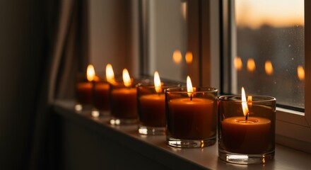 Row of amber candlelight glowing softly on a windowsill during sunset copy space
