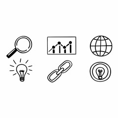 Fototapeta premium Illustration of magnifier, graph, globe, bulb and chain isolated on white background