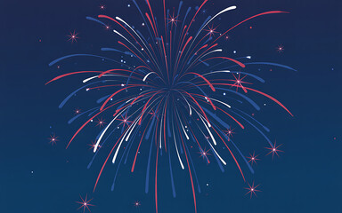 Fototapeta premium Red white and blue fireworks exploding in dark blue sky