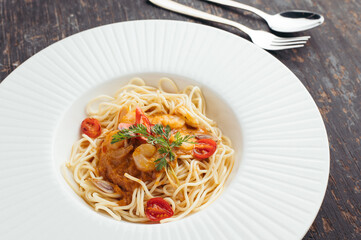 Creamy Shrimp Spaghetti with Cherry Tomatoes on White Plate