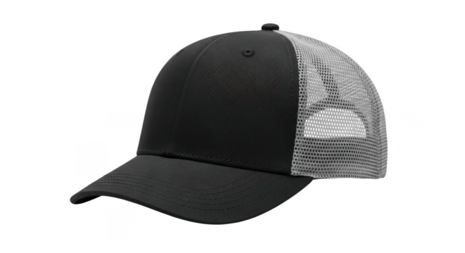 Black and white mesh trucker hat isolated on transparent background