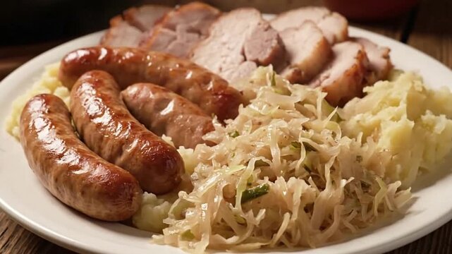 Plate of food sausages sliced pork sauerkraut and mashed potatoes