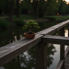 Bonsai Tree on Wooden Bridge Railing