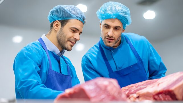 Team of workers in blue uniforms processing raw beaf meat &ndash; perfect for meat industry safety campaigns, food safety promo 