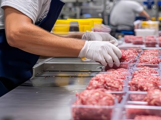 close up of hands in latex gloves processing and packing handling raw beef &ndash; food safety and meat industry hygiene concept, USDA inspection 
