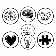 Obraz premium Collection of six black and white icons representing brain, heart, hand, idea, puzzle isolated on white background