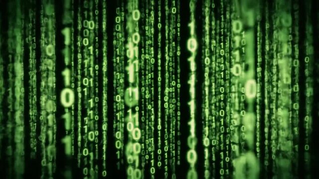 Slow motion of binary code streams flowing downward vertically, Matrix style
