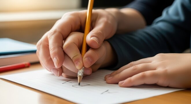 Closeup of a childs hand being guided by an adults hand while writing