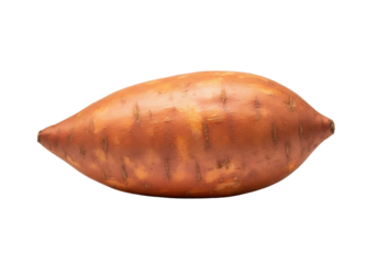 A single, raw sweet potato with orange-brown skin, pristine and central on a seamless transparent background with no shadows, ultra realistic studio photo, commercial product concept