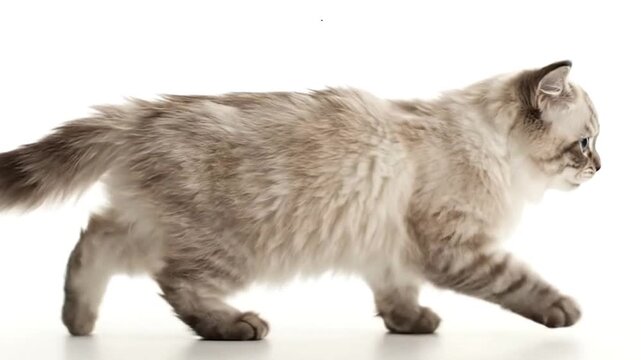 Fluffy grey  white cat walking to the right