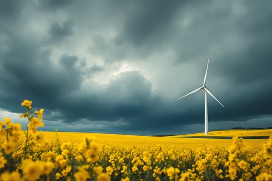 Dramatic wind turbine in yellow flower field under stormy sky, renewable energy concept