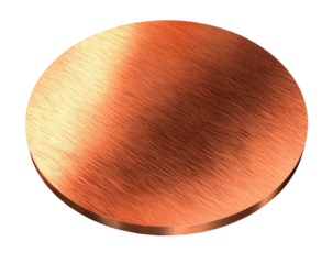 Circular copper disc with brushed finish.  Detailed, smooth, metallic surface.  Warm reddish-brown hue.  Perfect circle, isolated on black background